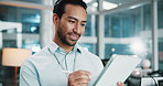 Happy, businessman and night with tablet for web design, app development or software at office. Man, employee or developer working late with smile or pen on technology for online platform or research