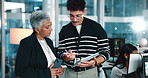 Tablet, feedback and businessman with manager in office for review on website development project. Digital technology, collaboration and male coder with mentor for planning with advice on programming
