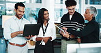 Group, people and developer on tablet in office for programming, IT training and software update. Employees, digital and discussion for website development, coding server and troubleshooting system