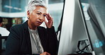 Headache, stress and mature businesswoman in office with mistake, fail or error code for web development. Burnout, migraine and female IT manager by computer for programming review in workplace.