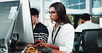 Business, woman and developer on computer in office for research, programming and software update. Person, online and information for web development, application and troubleshooting of system server