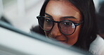 Reading, woman and closeup of developer on computer for research, programming or software update. Glasses, Indian designer or coding for online development, tech or troubleshooting of system server