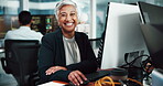 Face, woman and developer by computer in office for programming, IT career and software update. Portrait, mature person and smile for website development, coding server and troubleshooting system