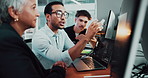Coding, laptop and people in group discussion in office for help, web development or training with mentor. Team, planning and programmer with idea for software project, coaching and business advice