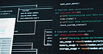 Fast, code and screen with software, cybersecurity or IT for overload or digital glitch. Tech closeup, computer and programming with cloud computing, app or blockchain for analytics or password
