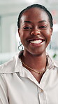 Laugh, face and business with black woman in office for financial advisor, confidence and economy analyst. Happiness, pride and risk management consultant with person in agency as account agent