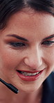 Call center, face and happy woman talk for customer service, assistance and contact us. Support agent, headset and conversation with client for advice, feedback and help with faq for business closeup