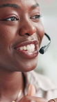 Communication, consulting and contact us with black woman in call center for advice or support. Customer service, headset and microphone with happy agent at work as virtual assistant for feedback