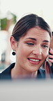 Business woman, phone call and speaking in office for negotiation, insurance deal or offer. Mobile, conversation and happy worker on computer with contact for policy sales, question and feedback