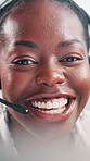 Communication, consulting and smile of black woman in call center for advice or support. Contact us, headset and microphone with happy agent in workplace as virtual assistant for customer service
