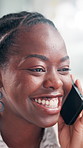 Business, happy black woman and phone call for chat, feedback and event planner booking venue. Mobile, conversation and communication with contact in office for cost negotiation and coordination