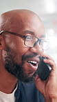 Contact, phone call and smile of business black man in office for communication, consulting or update. Creative, design and project management with happy employee in workplace for conversation