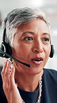 Advice, microphone and call center with business woman for customer support, help desk or virtual financial advisor. Contact us, investment banker and account consultant with mature person in office