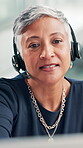 Online, talking and call center with business woman for customer support, help desk or virtual financial advisor. Contact us, investment banker and account consultant with mature person in office
