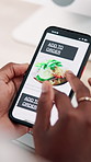 Person, hands and food menu with phone screen for online order, takeaway or restaurant. Closeup, customer or user with mobile smartphone display for meal, cuisine or shopping dinner on eating app
