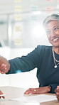 Business, mature woman and handshake for interview for introduction, recruitment and onboarding deal. Female person, shaking hands and partnership, hiring candidate and negotiation of b2b opportunity