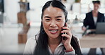 Business, phone call and woman in office, conversation and financial advice for budget report. Person, accounting and employee with cellphone, consulting and payment plan with negotiation for deal
