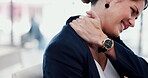 Hands, business and woman with neck pain in office for muscle strain, inflammation and burnout. Female person, massage joints and ache with sprain injury, poor posture and overworked with pressure