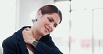 Business, woman and discomfort with neck pain in office for muscle strain, inflammation and burnout. Female person, massage joints and ache of sprain injury, poor posture and overworked with pressure