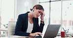 Frustrated woman, laptop and mistake with pressure for deadline, project fail or bad news at office. Female person, business employee or anxiety in depression on computer for loss, debt or bankruptcy