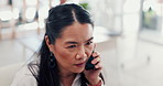 Business, phone call and woman in office, discussion or financial advice for payment process. Person, accounting or employee with cellphone, conversation or economy feedback with negotiation for deal