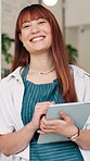 Woman, waiter and tablet with face at cafe with smile, pride and job with catering service at restaurant. Person, barista or business owner with touchscreen, app and happy at coffee shop in Mexico