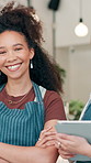 Crossed arms, happy and women on tablet in coffee shop for checklist, store inventory and menu website. Restaurant, cafeteria and waitress on digital tech for service, planning and online orders