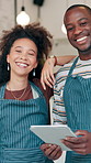 Coffee shop, face and people on tablet in cafe for menu items, inventory and online orders. Restaurant, hospitality and portrait of man and woman on tech for digital service, planning and teamwork