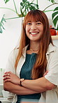 Woman, face and happy in coffee shop with barista, server employee or waitress in apron for hospitality industry. Smile arms crossed and female person with professional pride for service at cafe