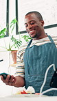 Black man, waiter and machine for payment at cafe of dessert purchase, fintech and transaction. Person, nfc and customer with phone of meal checkout, takeaway order and rewards program of hospitality