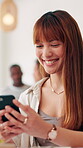 Break, phone and smile with woman in coffee shop for hospitality, service or social media. App, communication and text message with happy customer in cafe or restaurant for morning or weekend