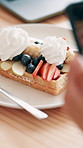 Hands, person and phone for photography at cafe for social media post, dessert update and influencer. Woman, mobile and waffle picture of food review, breakfast blog and content creator at restaurant