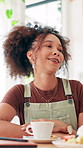 Break, conversation and smile with woman in coffee shop for hospitality, relaxing or service. Reunion, social and weekend with happy customer talking in cafe or restaurant for morning meet up