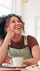 Break, laughing and thinking with woman in coffee shop for hospitality, memories or service. Funny, ideas and relax with happy customer at table in cafe or restaurant for caffeine beverage and drink