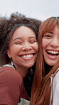 City, face and friends with selfie for laughing, memory and confidence with pout for vacation post. Holiday, people and women with photography in portrait, bonding or profile picture for social media
