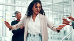 Woman, dancing and celebration with team at office with goals, happy and success at finance agency. Business people, staff and excited with rhythm, smile and cheers for profit increase at company