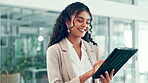 Business, woman and walking with tablet in office for reading report, account management or typing email. Accountant, happy and digital app for financial forecasting, schedule update or online search