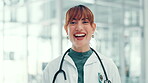 Doctor, woman and face with laughing in clinic for healthcare service, medical treatment and support. Medicine, flare and funny person in neurology hospital for health career, about us and confidence