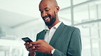 Business, black man and happy with phone in office for text message, good news or positive feedback on investment. Financial advisor, person and smartphone for typing email, communication or research