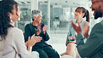 Applause, collaboration and meeting with business people in boardroom of office together. Achievement, celebration and success with employee team clapping in workplace for corporate milestone