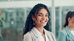 Office, businesswoman and face of financial advisor for meeting, investment project and happiness. Boardroom, coworking and finance consultant in portrait for risk management, ambitious and laughing