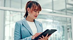 Business, woman and happy with tablet in office for reading online news, client communication and report review. Financial advisor, flare and tech for schedule update, investment planning and agenda