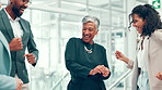 Woman, happy and dancing with team at office with celebration, goals and success at finance agency. Business people, staff and excited with rhythm, smile and cheers for profit increase at company