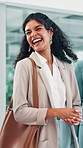Business people, funny and woman in office, smile and laughing with break, copywriting and joke. Employees, creativity and journalist in workplace, communication and happiness with humor and chatting