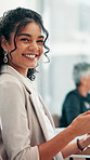 Happy, meeting and face of businesswoman in office with confidence for corporate career development. Smile, professional and portrait of female financial advisor with pride for company growth.