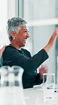 Mature businesswoman, handshake or high five for financial achievement, meeting or profit growth. Excited boss, shaking hands or clapping for success, good news or well done for investment agreement