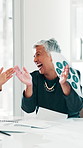 Applause, laughing and throwing paper with woman in boardroom for celebration of bonus, goals or target. Documents, excited and funny with mature employee clapping at work for milestone or promotion
