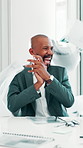 Applause, success and throwing paper with man in boardroom for celebration of bonus, goals or target. Clapping, documents and excited with employee in office for milestone or promotion as winner