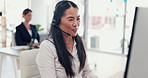 Business woman, consultant and talking with headset on computer for online communication at call center. Female person, agent or virtual assistant with mic on technology for CRM, advice or help
