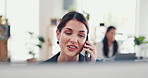 Business, phone call and woman with computer, discussion and financial advice for b2b deal. Person, accounting and employee with cellphone, talking and payment plan with negotiation for profit growth